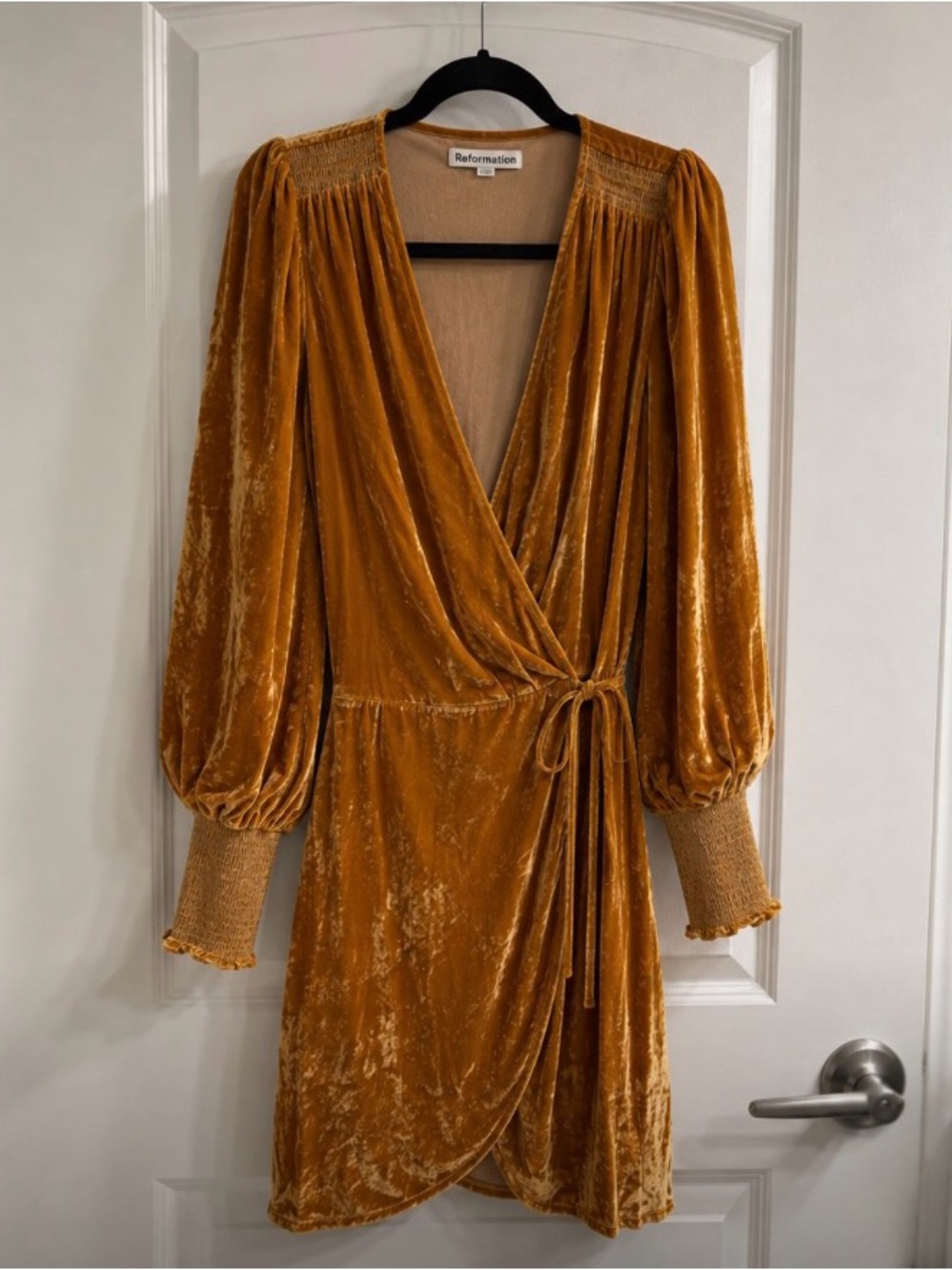 Reformation Velvet Wrap Dress in Mustard Gold
